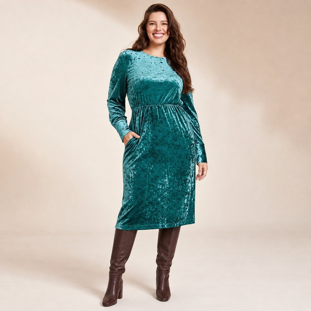 On 34th Green Crushed Velvet Midi Dress Size 1X Retro Modest 70s Boho Chic
